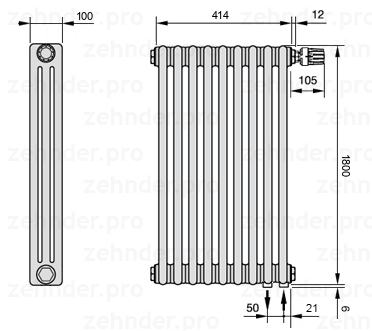Схема (чертеж) Радиатор Zehnder Charleston 3180/9 №V002 Белый глянцевый RAL 9016